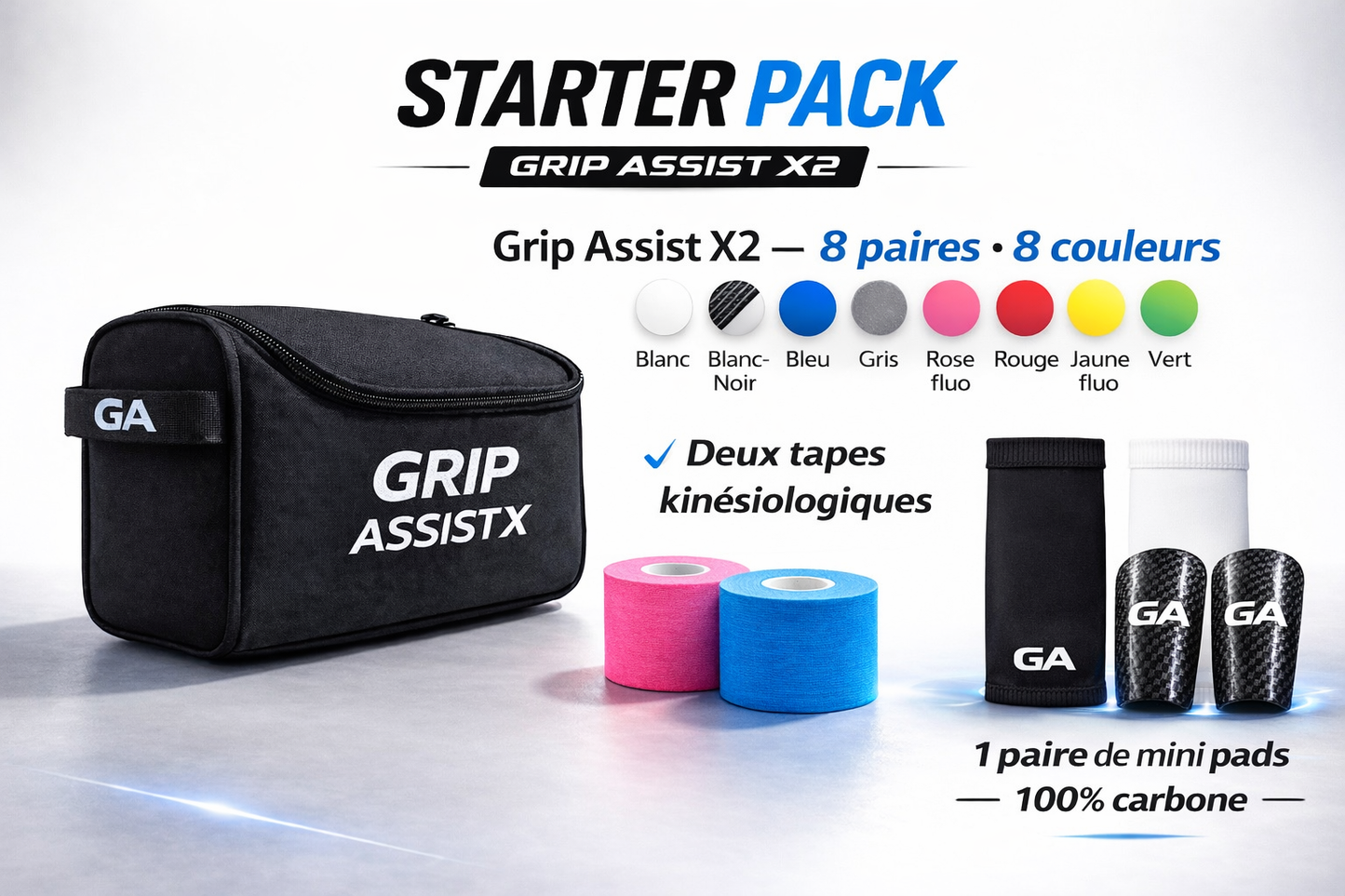 Équipement Soccer Pro – Starter Pack Grip Assist X2 (8 Paires) + 1 Paire de Mini Pads 100% Carbone + 2 Tapes Kinésiologiques + deux paires manchons