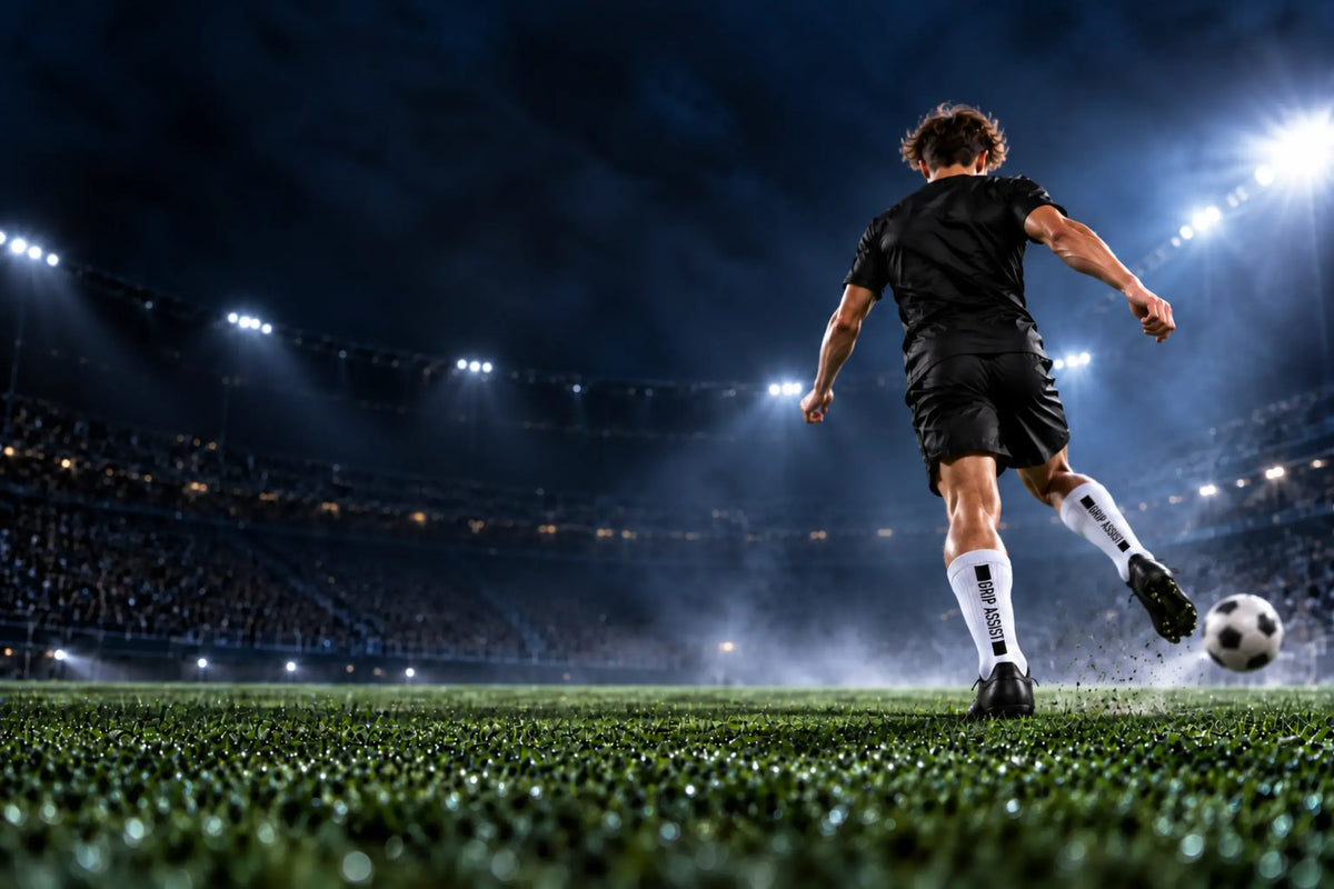 Charger la vidéo: Joueur de soccer vu de dos en grip socks blanches Grip Assist X2 qui frappe le ballon dans un stade éclairé de nuit
