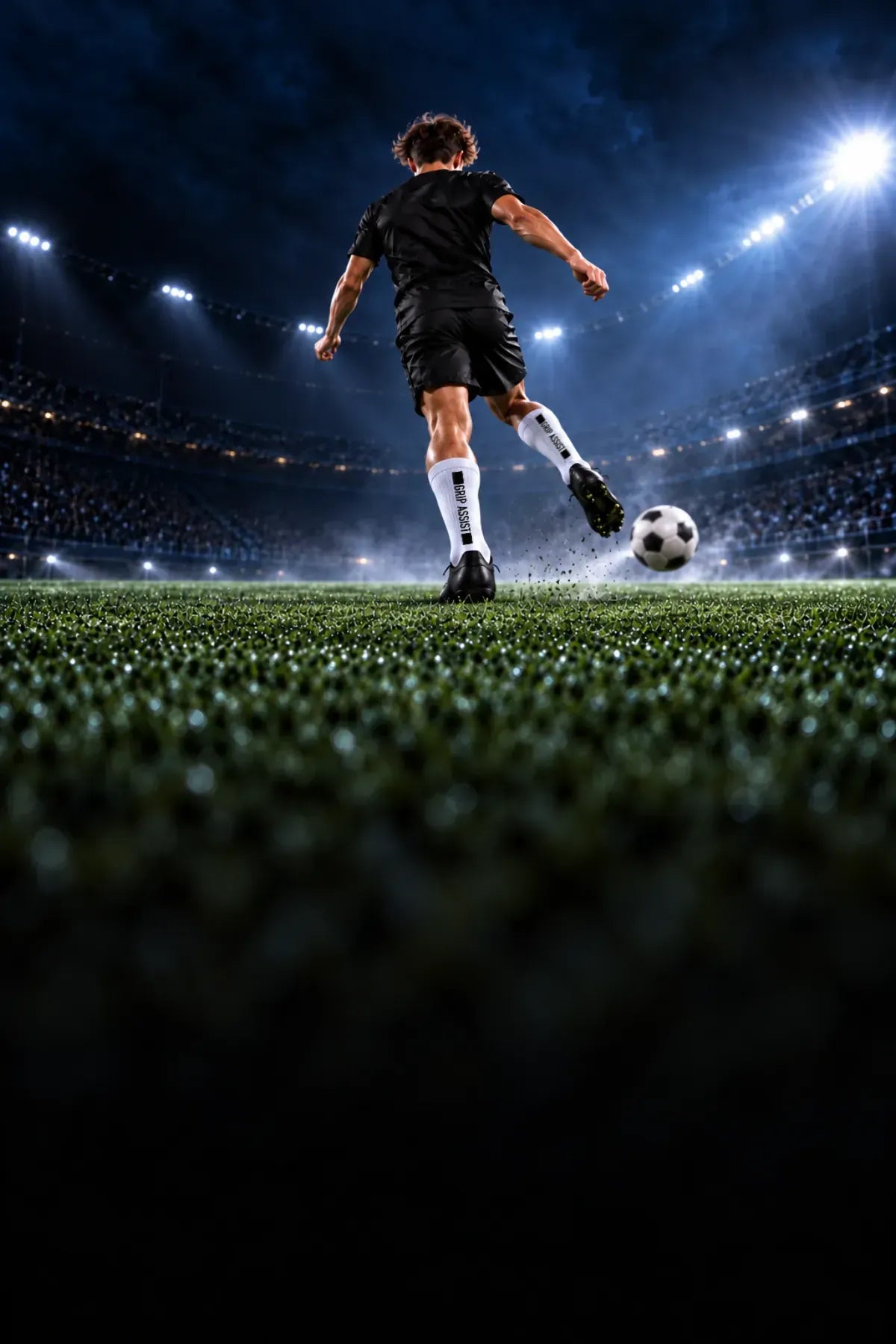 Charger la vidéo: Joueur de soccer vu de dos en grip socks blanches Grip Assist X2 qui frappe le ballon dans un stade éclairé de nuit