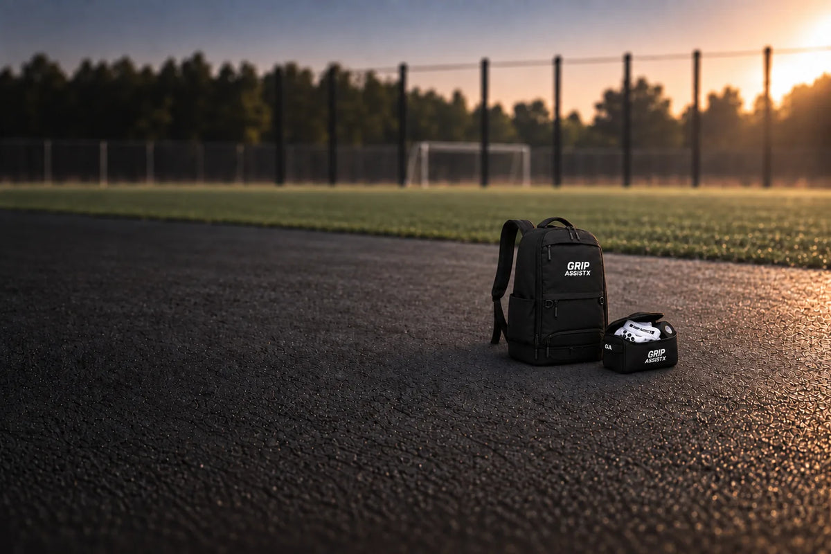 Sac à dos de sport et trousse de rangement Grip Assist X2 posés au bord d’un terrain au coucher du soleil