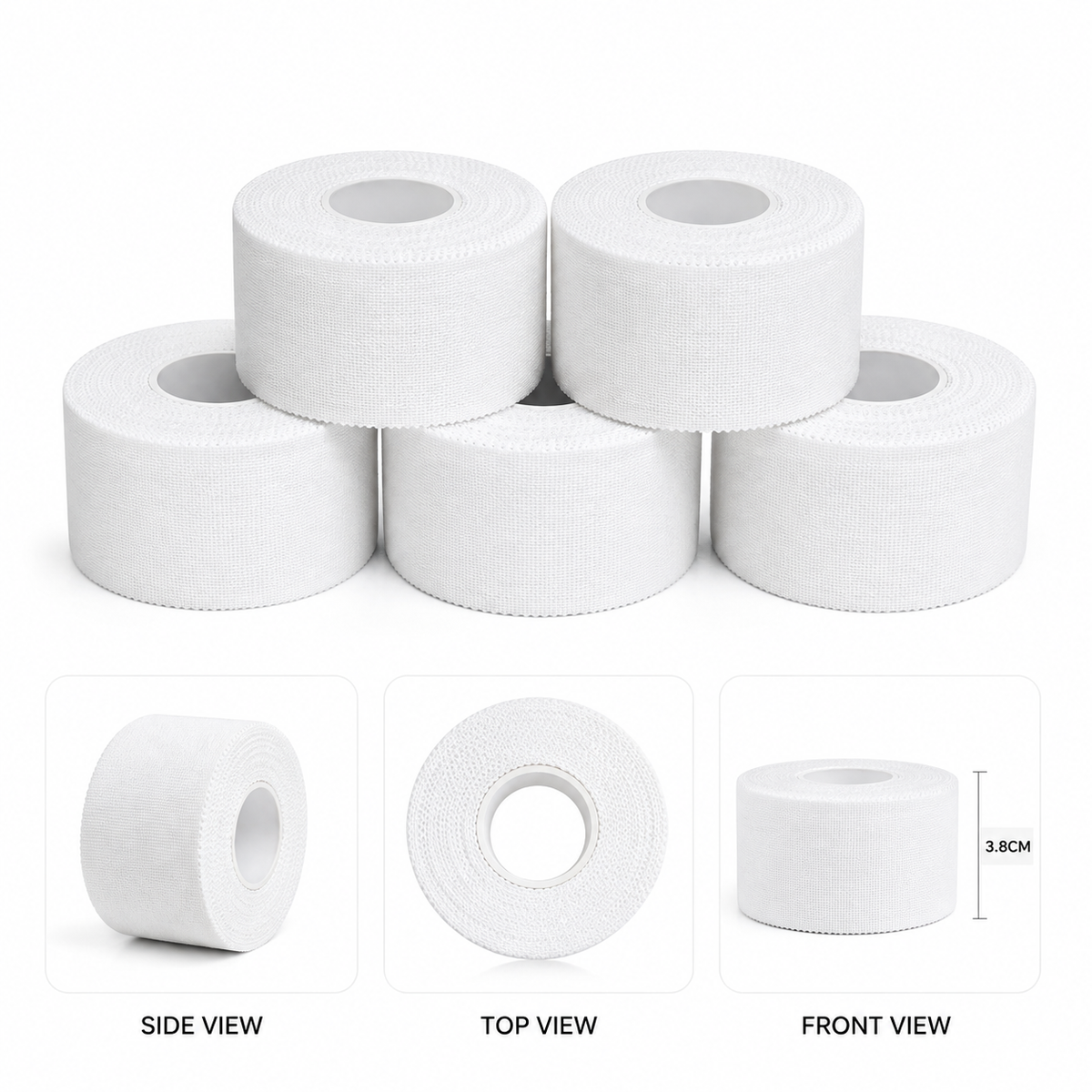 Rouleaux de ruban athlétique blanc 3,8 cm, vus de côté, de dessus et de face