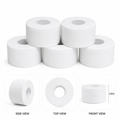 Rouleaux de ruban athlétique blanc 3,8 cm, vus de côté, de dessus et de face