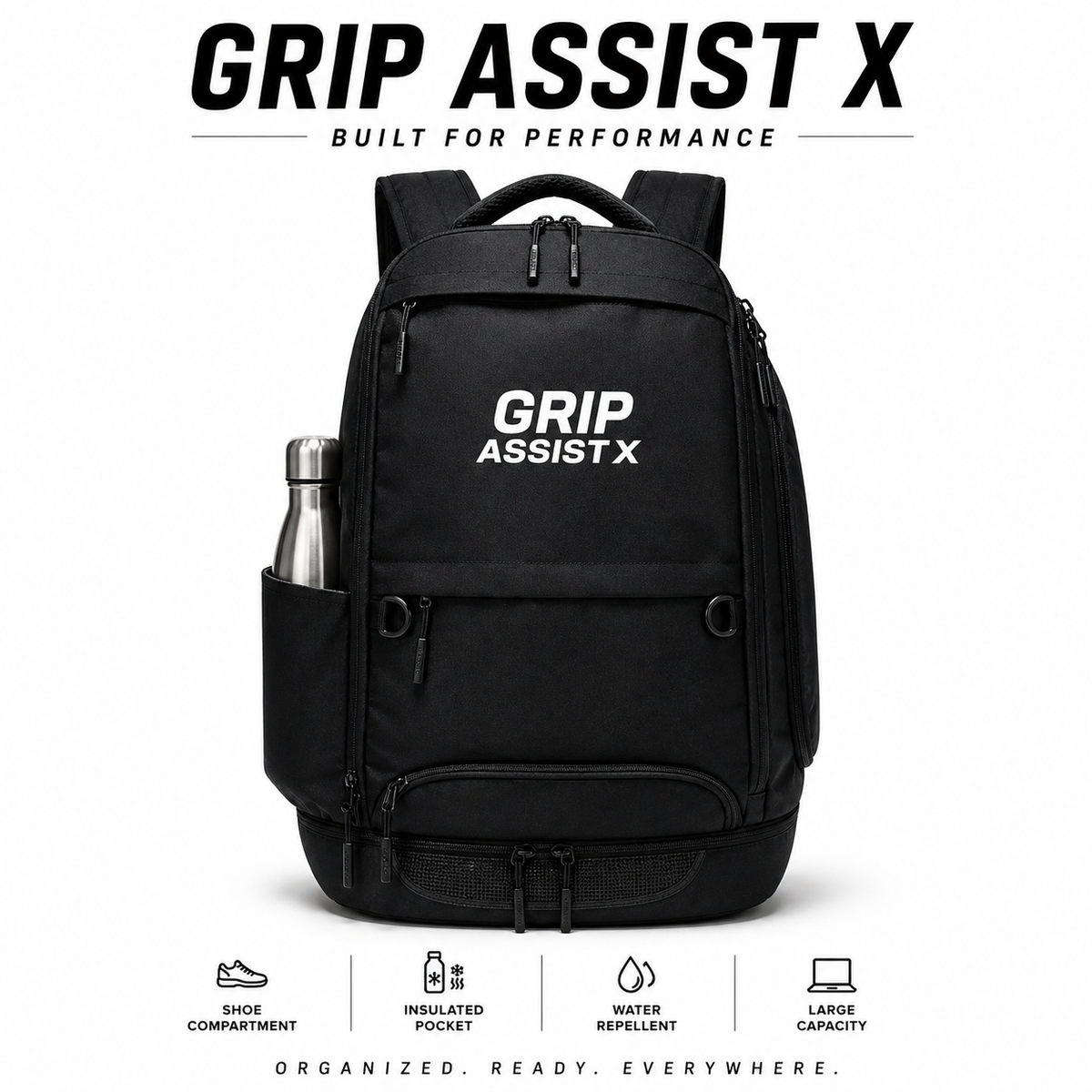 Sac à dos de sport Grip Assist avec une gourde dans la poche latérale