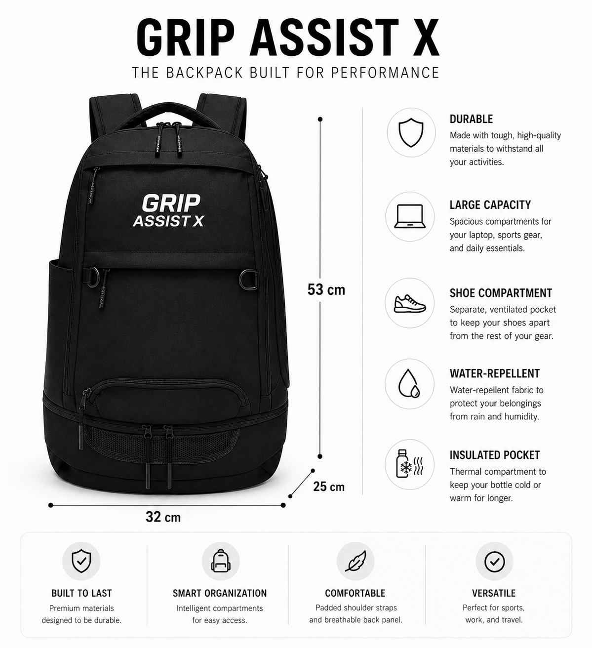 Dimensions du sac à dos de sport Grip Assist : 53 × 32 × 25 cm, avec compartiment à chaussures et poche isotherme