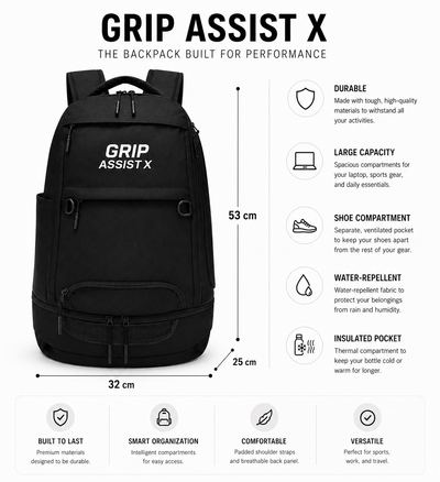 Dimensions du sac à dos de sport Grip Assist : 53 × 32 × 25 cm, avec compartiment à chaussures et poche isotherme