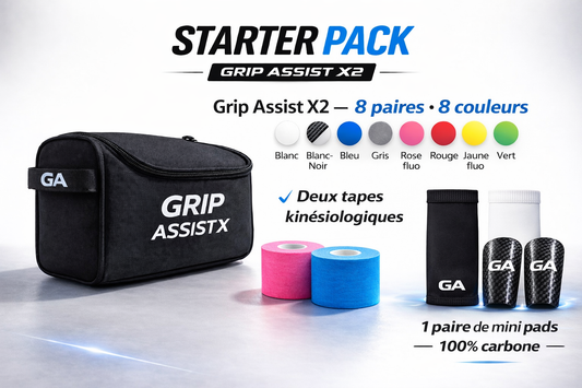 Équipement Soccer Pro – Starter Pack Grip Assist X2 (8 Paires) + 1 Paire de Mini Pads 100% Carbone + 2 Tapes Kinésiologiques + deux paires manchons