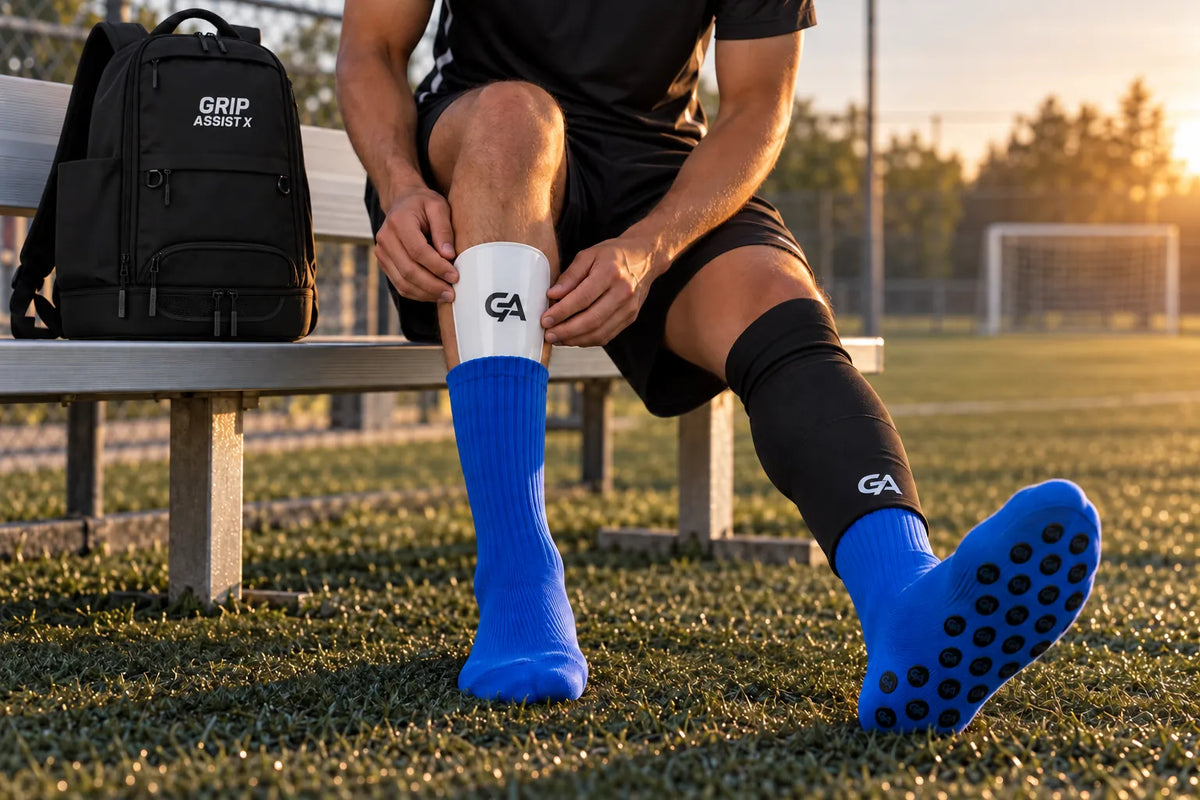 Joueur assis sur un banc qui enfile des grip socks bleues Grip Assist X2, son sac à dos à côté